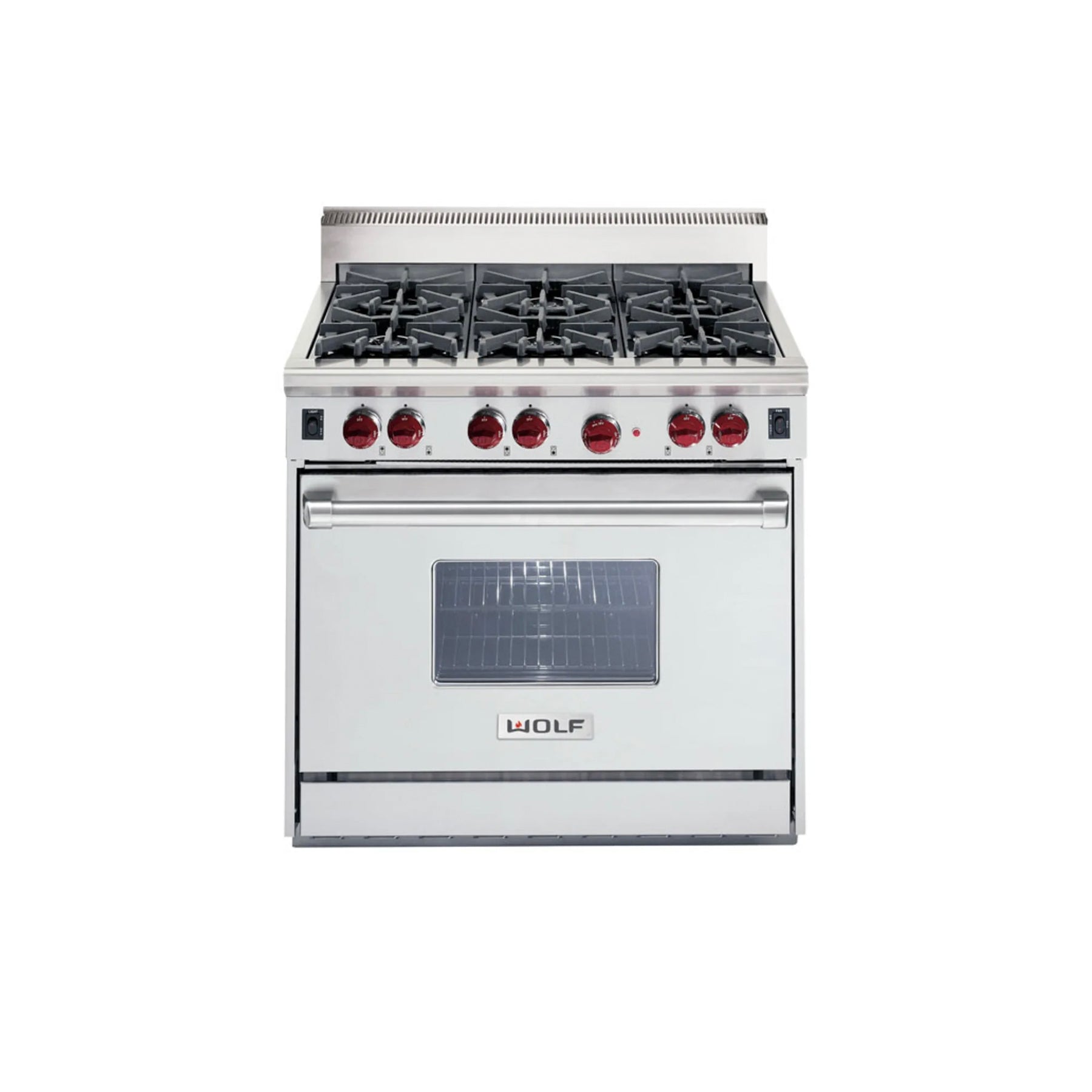 Stainless steel gas range with four burners and a oven on a white background