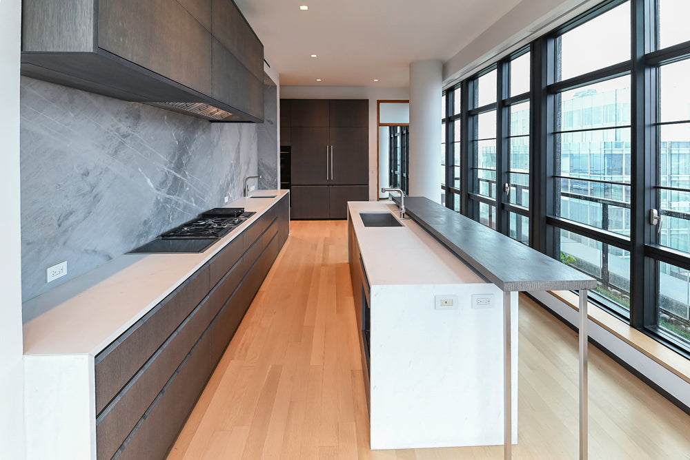 Custom Modern Wood Veneer Kitchen with White Marble Countertops and Wolf & Miele Appliances