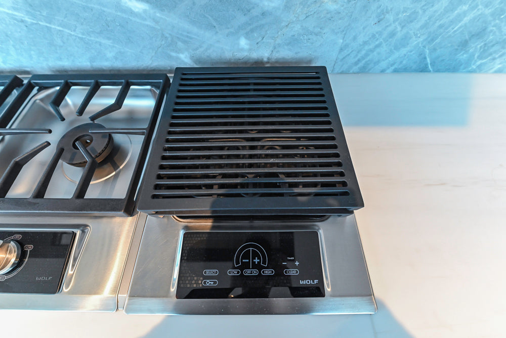 Custom Modern Wood Veneer Kitchen with White Marble Countertops and Wolf & Miele Appliances