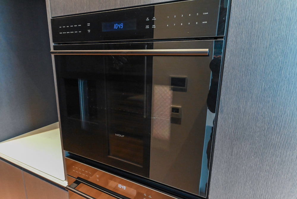 Custom Modern Wood Veneer Kitchen with White Marble Countertops and Wolf & Miele Appliances