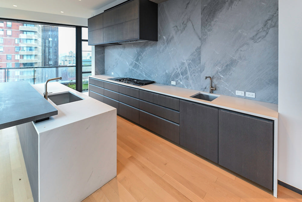 Custom Modern Wood Veneer Kitchen with White Marble Countertops and Wolf & Miele Appliances