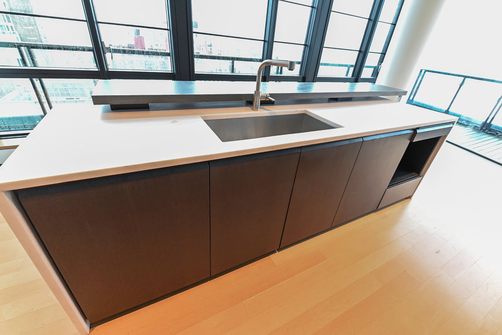 Custom Modern Wood Veneer Kitchen with White Marble Countertops and Wolf & Miele Appliances
