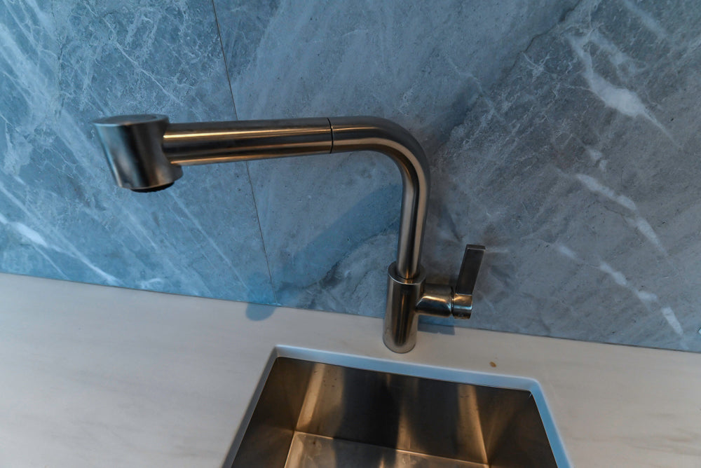 Custom Modern Wood Veneer Kitchen with White Marble Countertops and Wolf & Miele Appliances