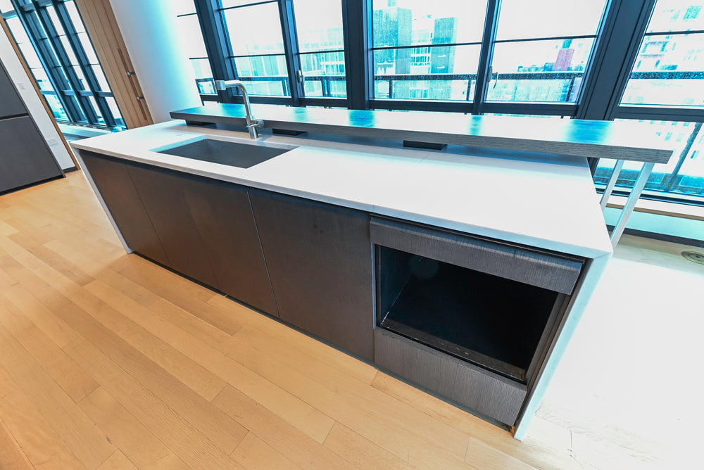 Custom Modern Wood Veneer Kitchen with White Marble Countertops and Wolf & Miele Appliances