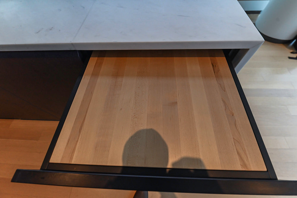 Custom Modern Wood Veneer Kitchen with White Marble Countertops and Wolf & Miele Appliances