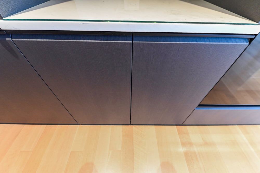 Custom Modern Wood Veneer Kitchen with White Marble Countertops and Wolf & Miele Appliances