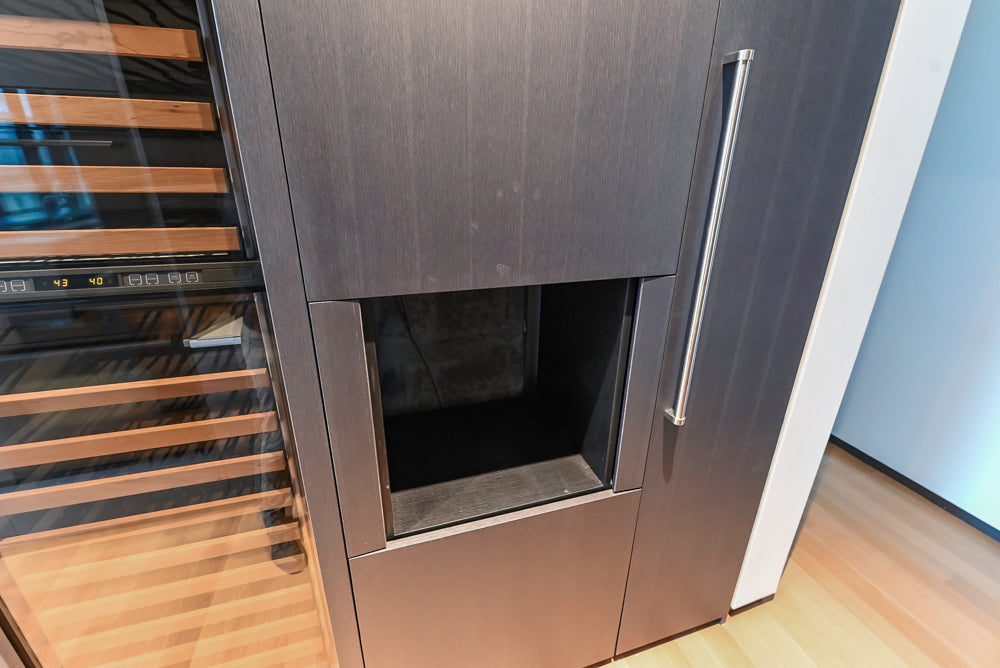 Custom Modern Wood Veneer Kitchen with White Marble Countertops and Wolf & Miele Appliances