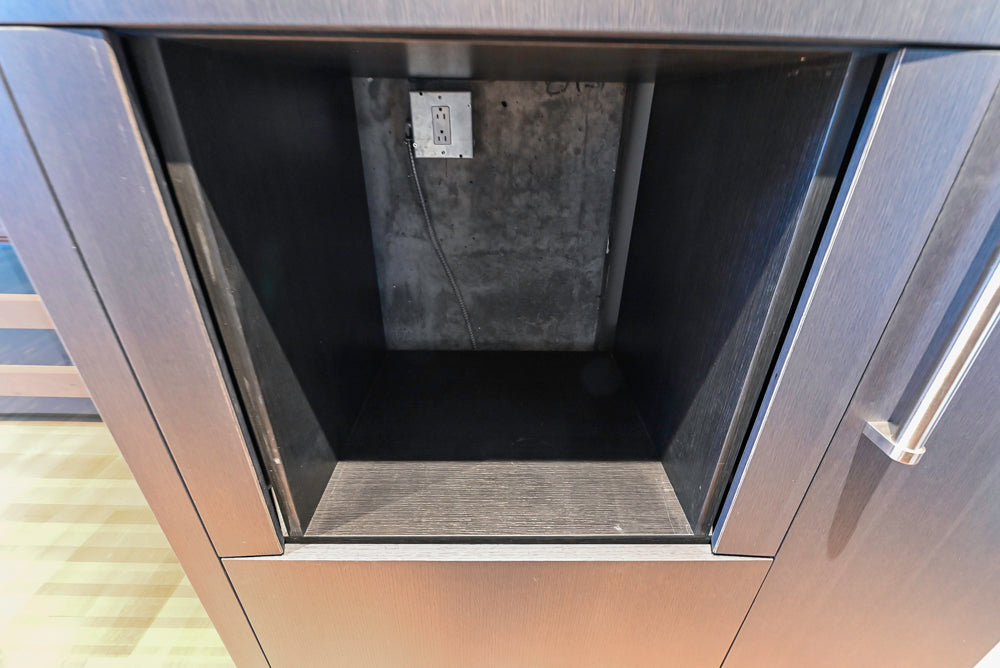 Custom Modern Wood Veneer Kitchen with White Marble Countertops and Wolf & Miele Appliances