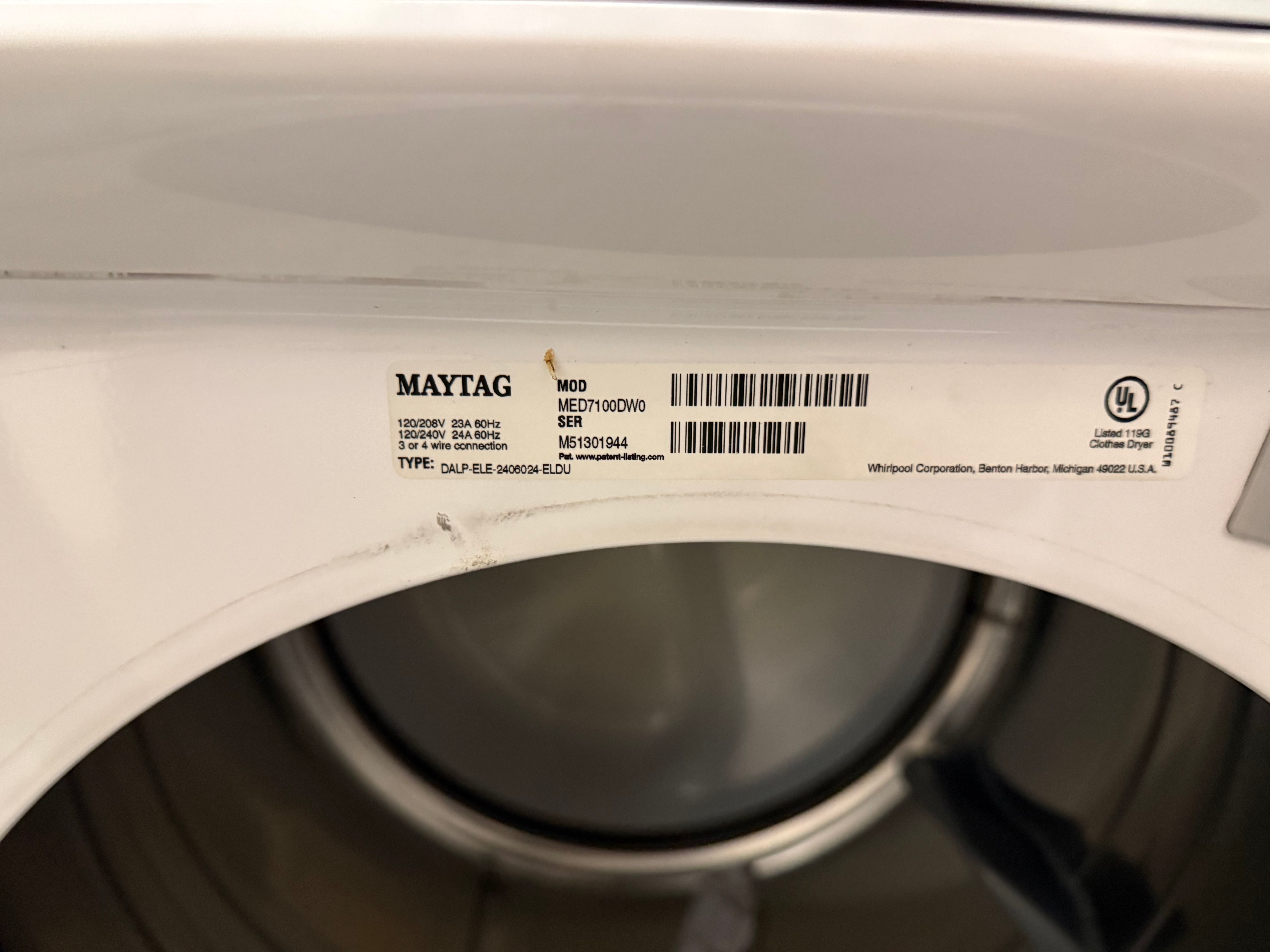 Maytag drying machine with label on the side