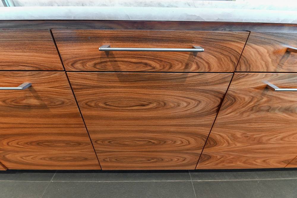 Custom Modern Tigerwood Kitchen with Marble Countertops and Gaggenau Appliances