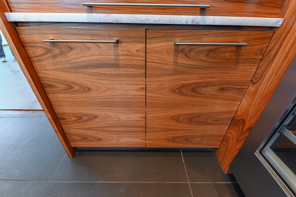 Custom Modern Tigerwood Kitchen with Marble Countertops and Gaggenau Appliances