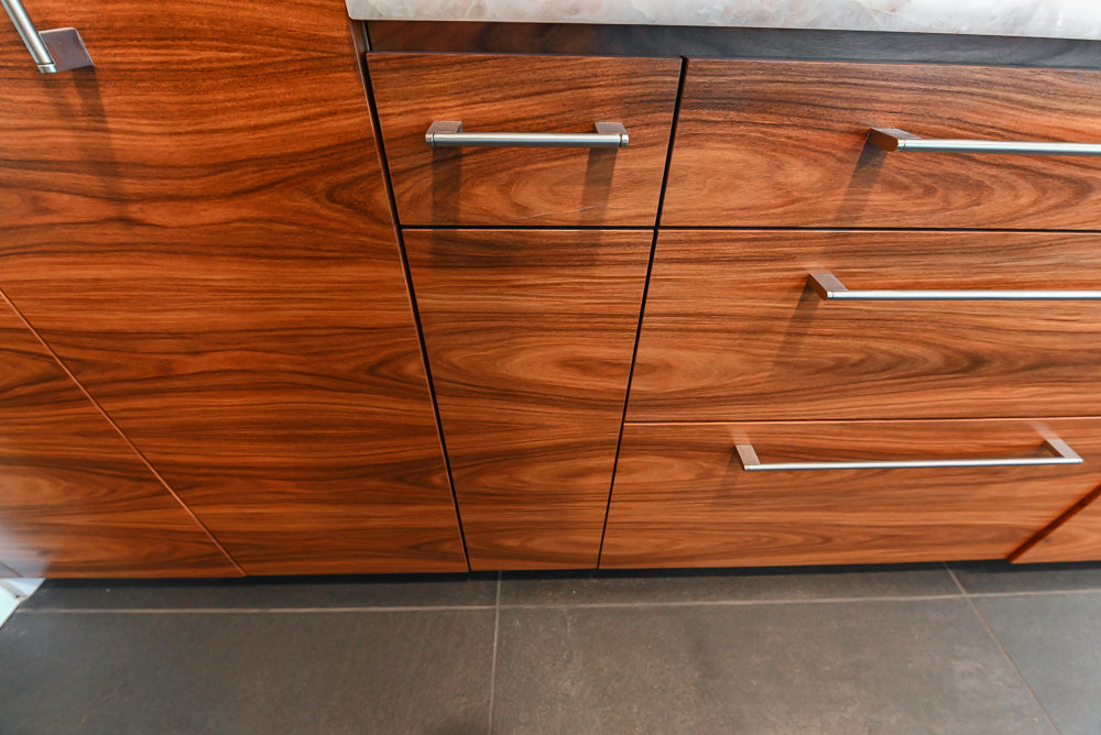Custom Modern Tigerwood Kitchen with Marble Countertops and Gaggenau Appliances