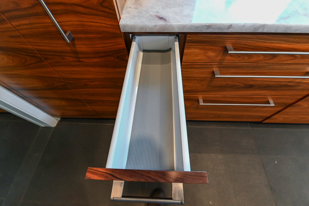 Custom Modern Tigerwood Kitchen with Marble Countertops and Gaggenau Appliances