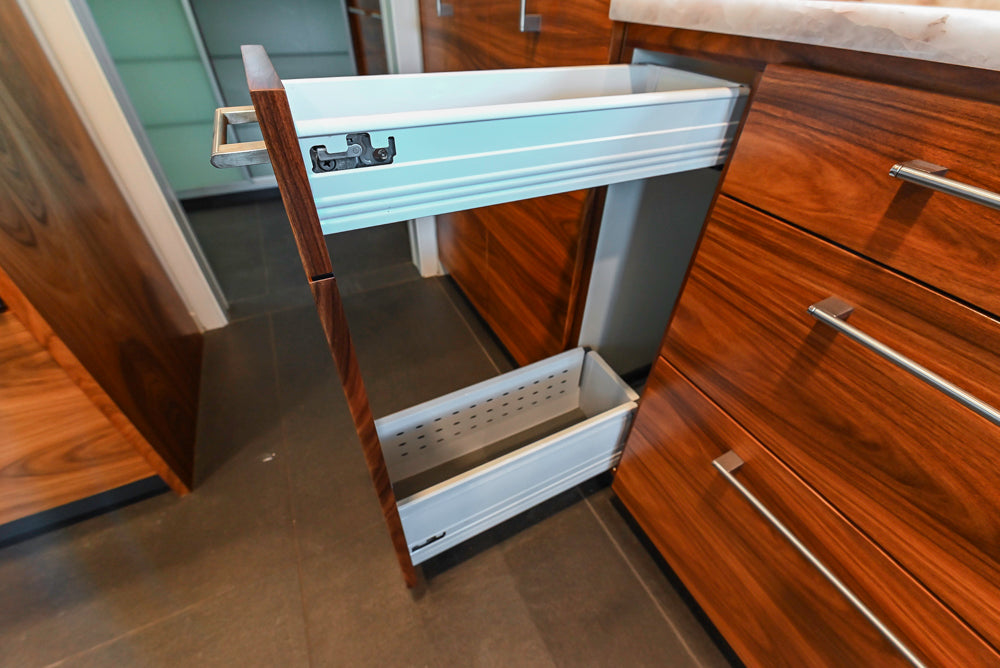 Custom Modern Tigerwood Kitchen with Marble Countertops and Gaggenau Appliances