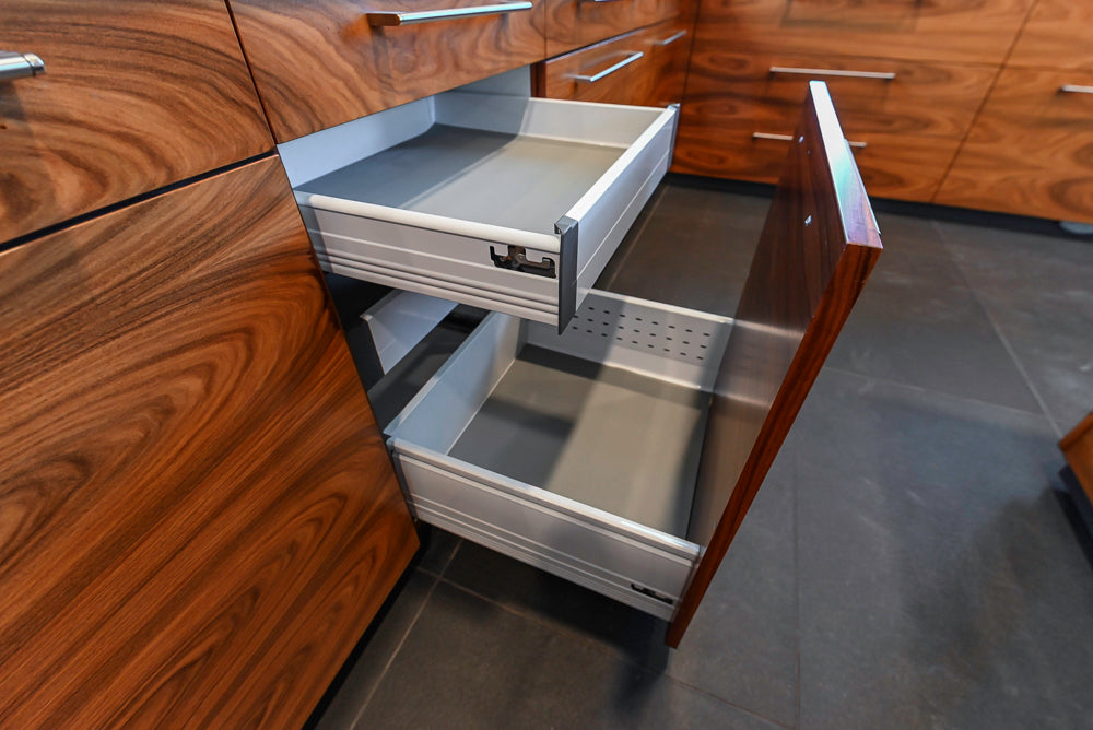 Custom Modern Tigerwood Kitchen with Marble Countertops and Gaggenau Appliances