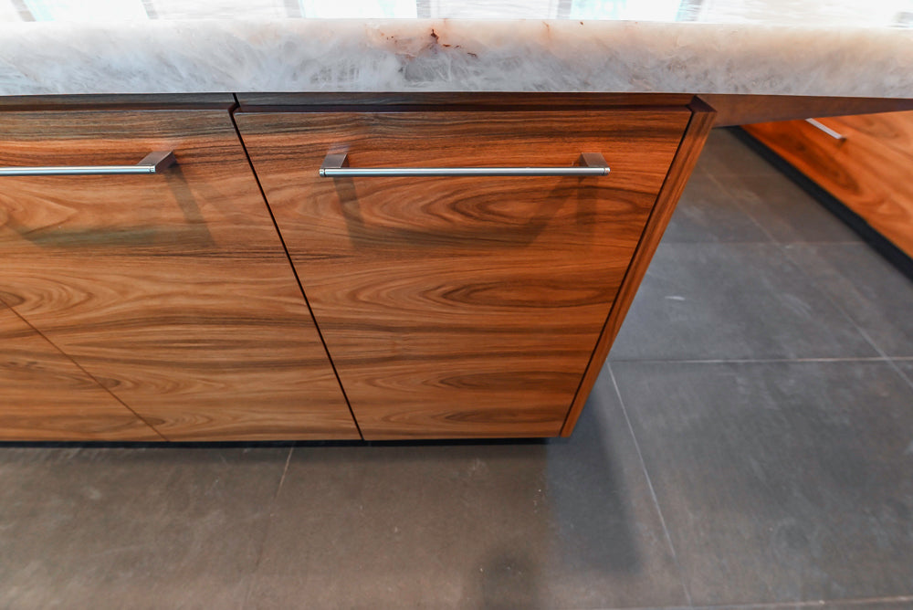 Custom Modern Tigerwood Kitchen with Marble Countertops and Gaggenau Appliances
