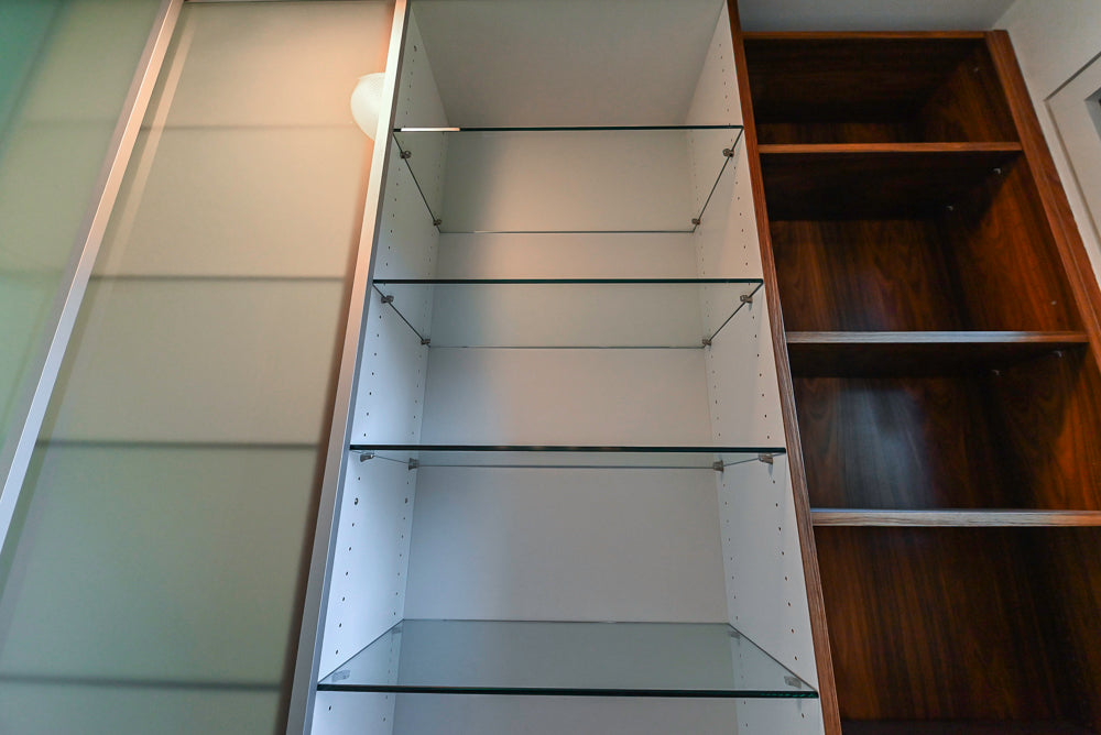 Custom Modern Tigerwood & Glass Paned Butler's Pantry with Marble Countertops