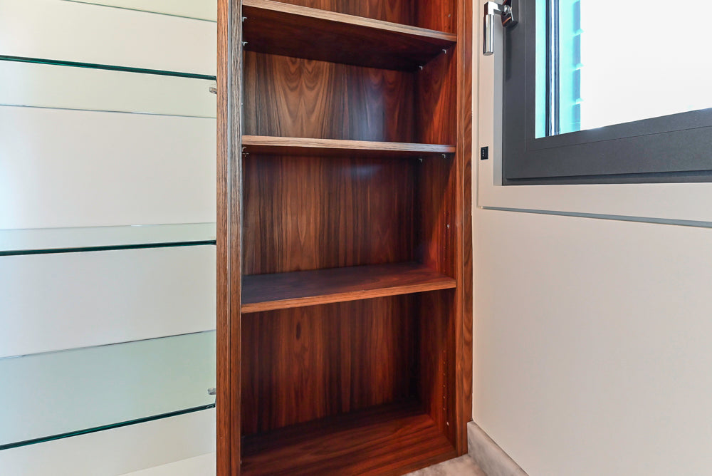 Custom Modern Tigerwood & Glass Paned Butler's Pantry with Marble Countertops
