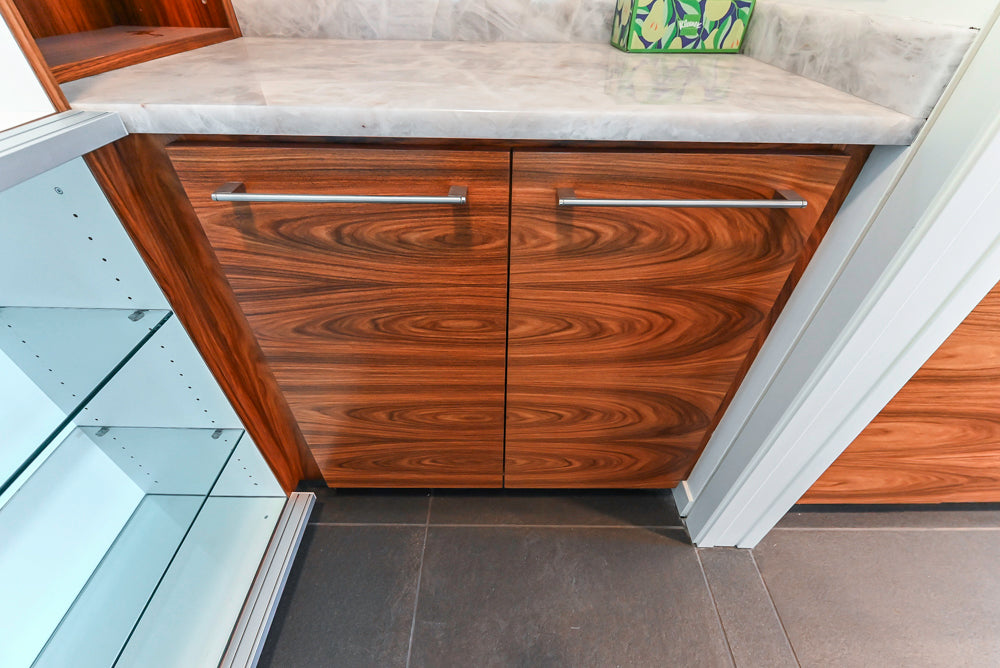 Custom Modern Tigerwood & Glass Paned Butler's Pantry with Marble Countertops