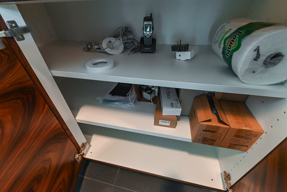 Custom Modern Tigerwood & Glass Paned Butler's Pantry with Marble Countertops