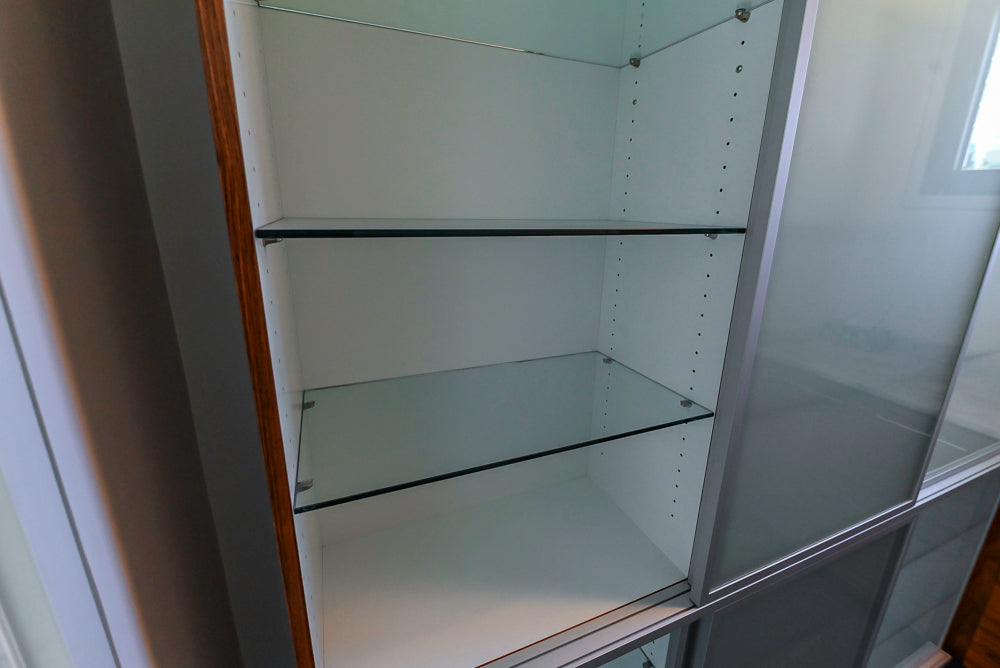 Custom Modern Tigerwood & Glass Paned Butler's Pantry with Marble Countertops