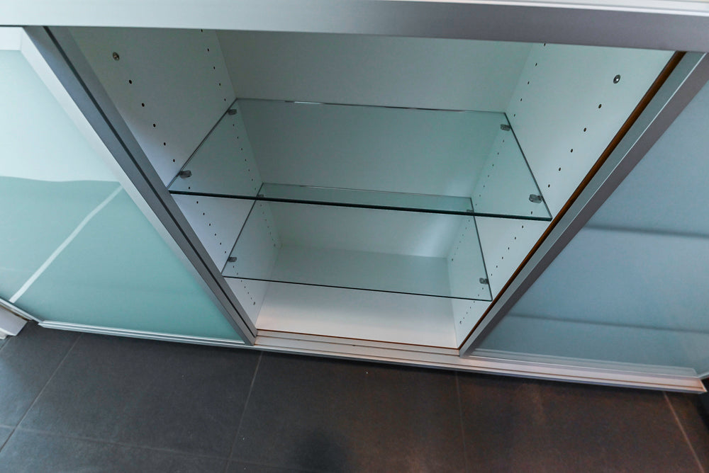 Custom Modern Tigerwood & Glass Paned Butler's Pantry with Marble Countertops