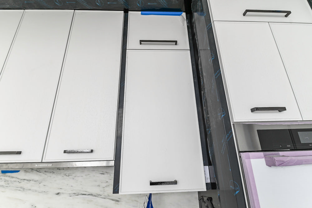 Custom Transitional White Kitchen with Island and Quartzite Countertops