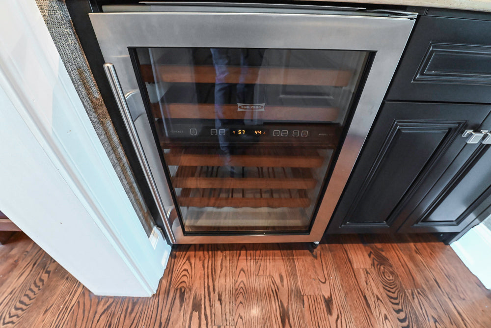 Century Traditional Black Wooden Wet Bar with Stone Countertops with Sub-Zero Wine Cooler