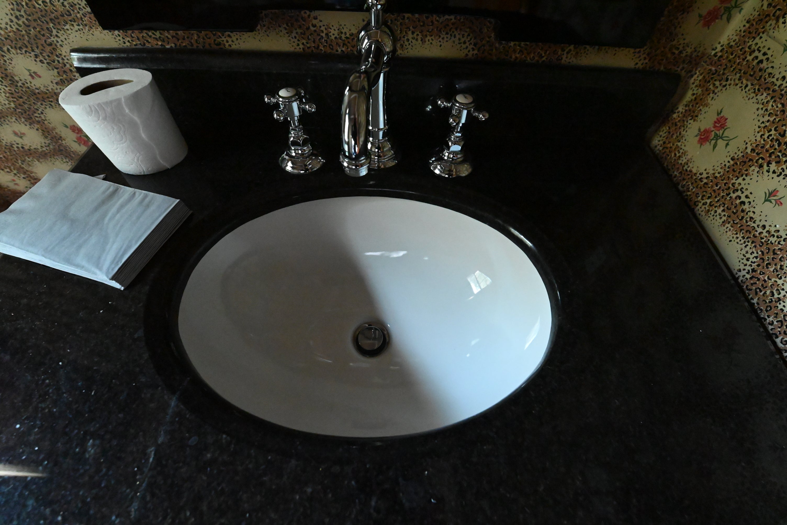 Traditional 34" Stained Dark Brown Wood Vanity with Black Top, Sink and Faucet