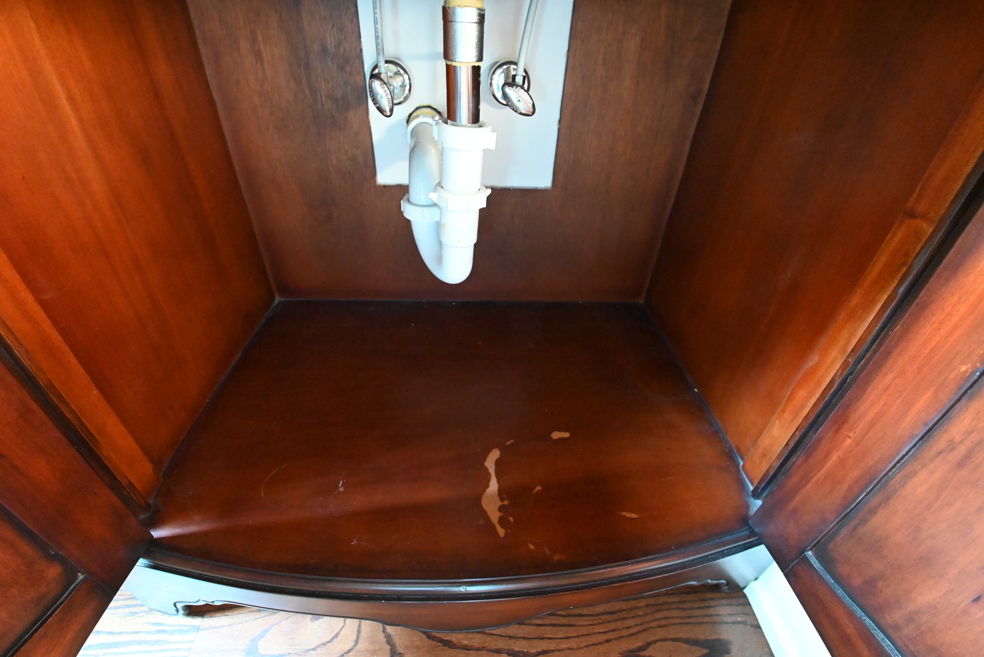 Traditional 34" Stained Dark Brown Wood Vanity with Black Top, Sink and Faucet