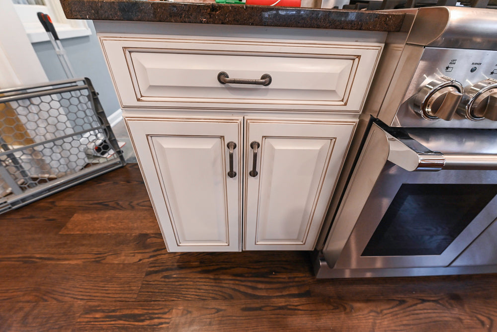 “The Whitby” Traditional Distressed White Kitchen with Island, Desk Area & Thermador Appliances