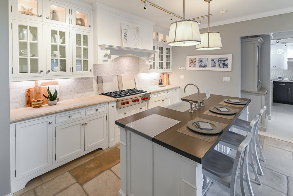 Signature Custom Cabinetry Transitional White Kitchen with Wood Veneer Top Island and Stone Countertops
