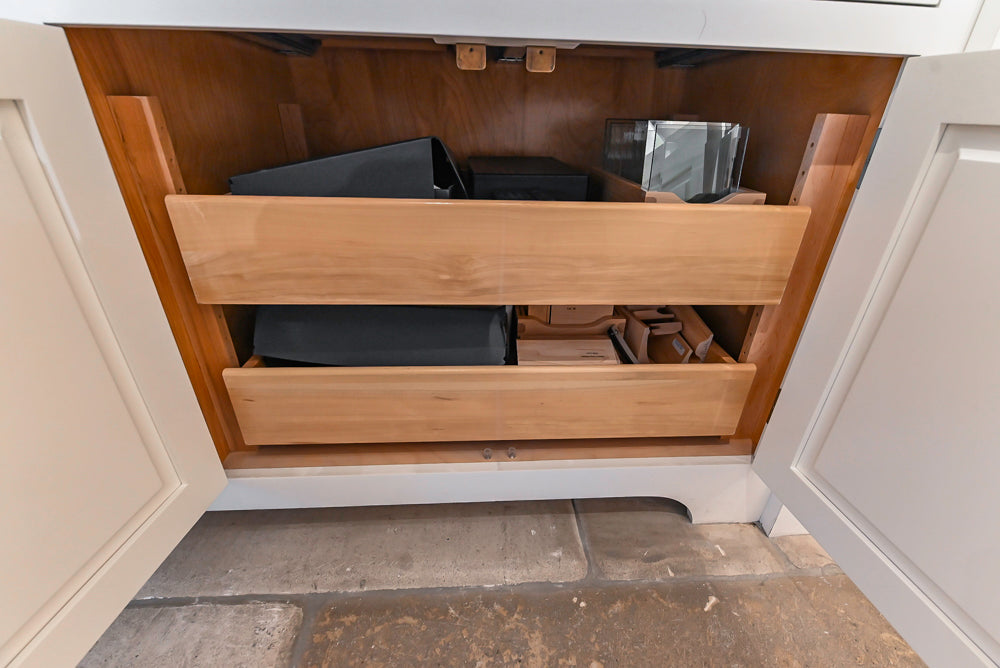 Signature Custom Cabinetry Transitional White Kitchen with Wood Veneer Top Island and Stone Countertops