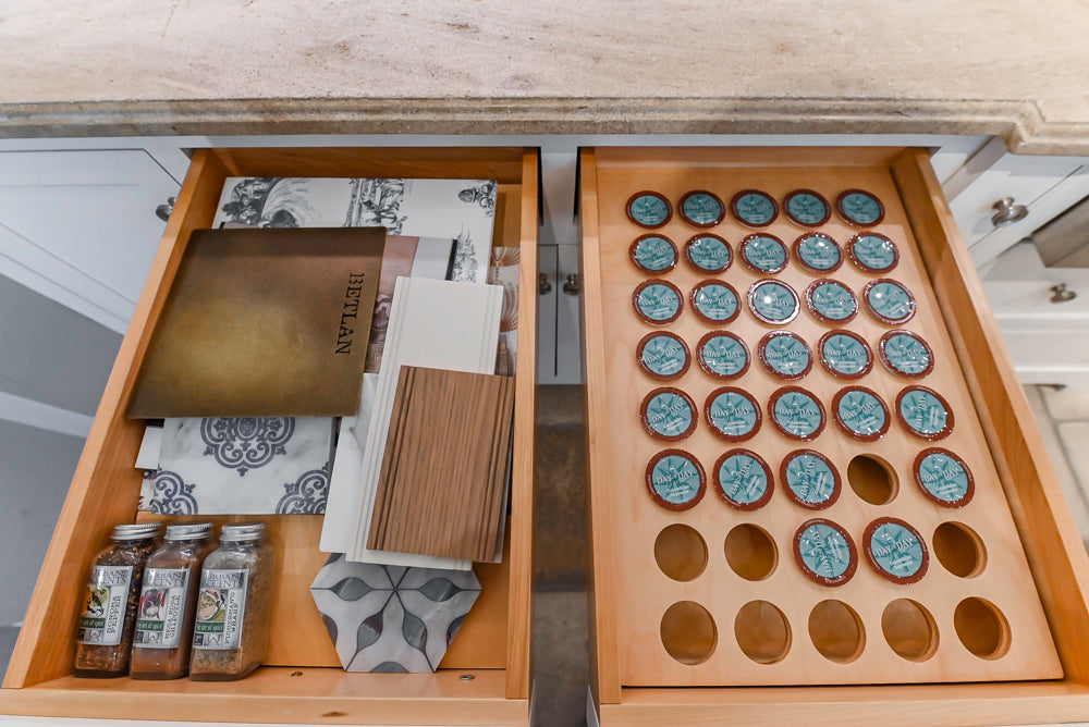 Signature Custom Cabinetry Transitional White Kitchen with Wood Veneer Top Island and Stone Countertops