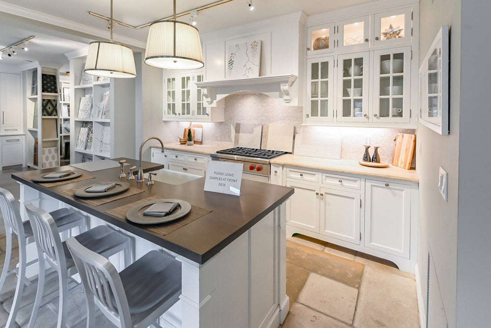 Signature Custom Cabinetry Transitional White Kitchen with Wood Veneer Top Island and Stone Countertops