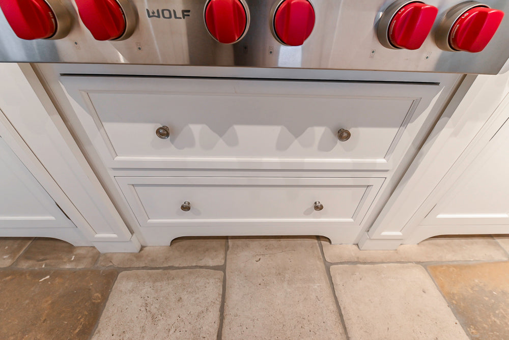 Signature Custom Cabinetry Transitional White Kitchen with Wood Veneer Top Island and Stone Countertops