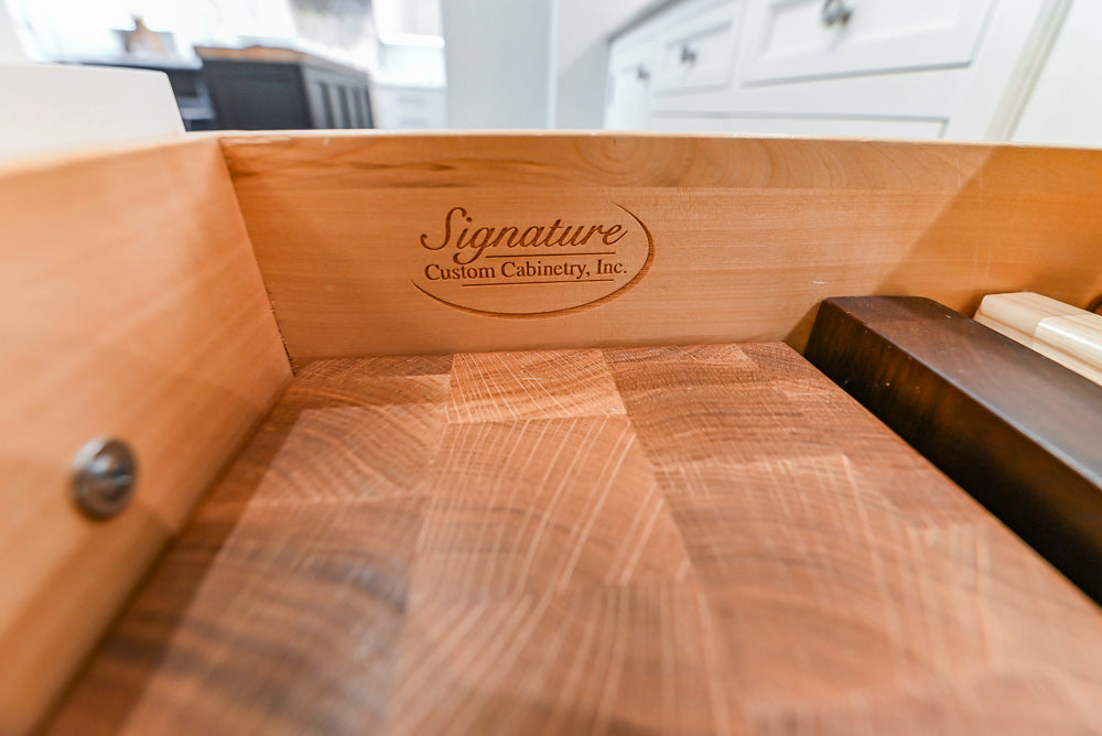 Signature Custom Cabinetry Transitional White Kitchen with Wood Veneer Top Island and Stone Countertops