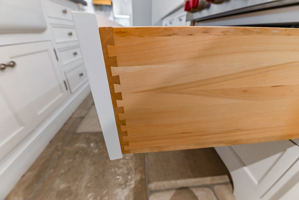 Signature Custom Cabinetry Transitional White Kitchen with Wood Veneer Top Island and Stone Countertops