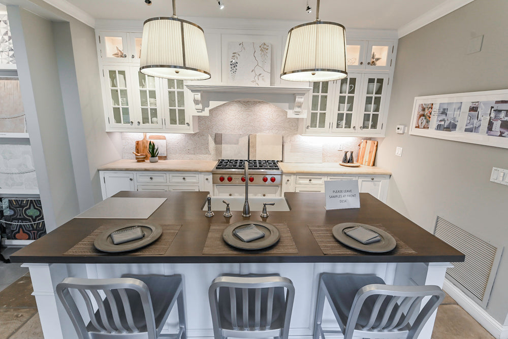 Signature Custom Cabinetry Transitional White Kitchen with Wood Veneer Top Island and Stone Countertops