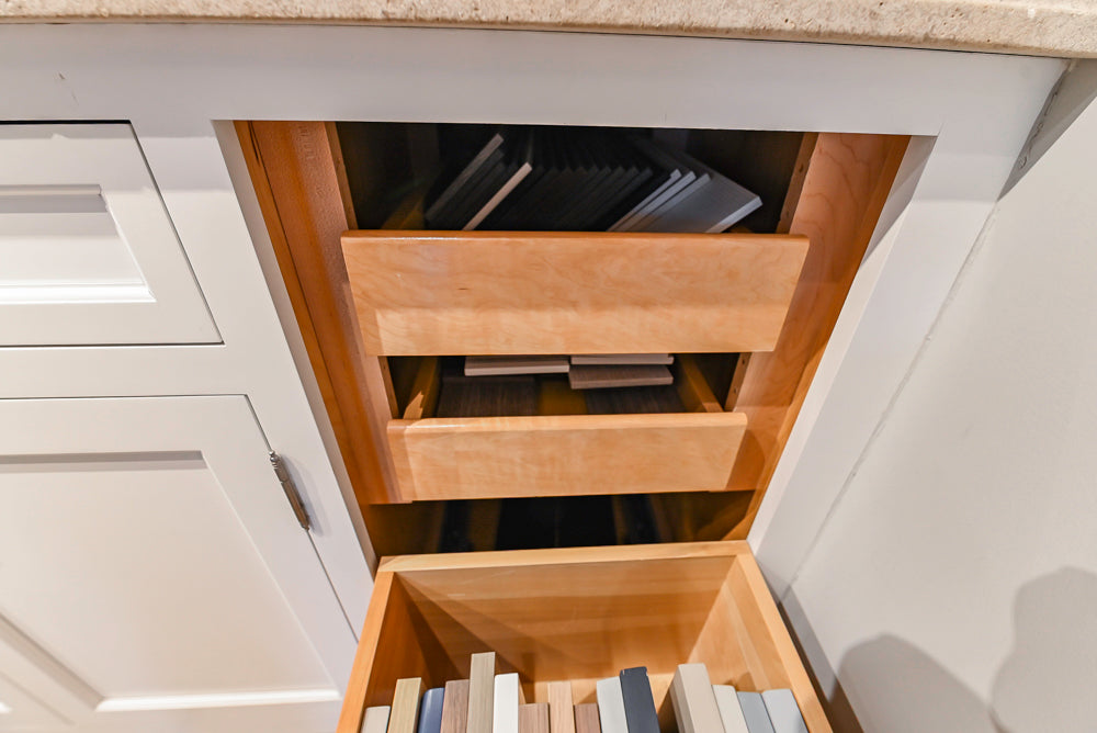 Signature Custom Cabinetry Transitional White Kitchen with Wood Veneer Top Island and Stone Countertops