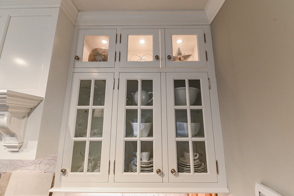 Signature Custom Cabinetry Transitional White Kitchen with Wood Veneer Top Island and Stone Countertops