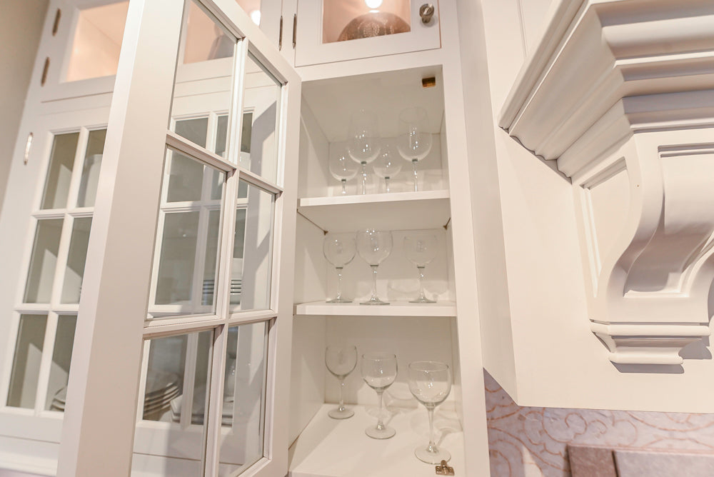 Signature Custom Cabinetry Transitional White Kitchen with Wood Veneer Top Island and Stone Countertops