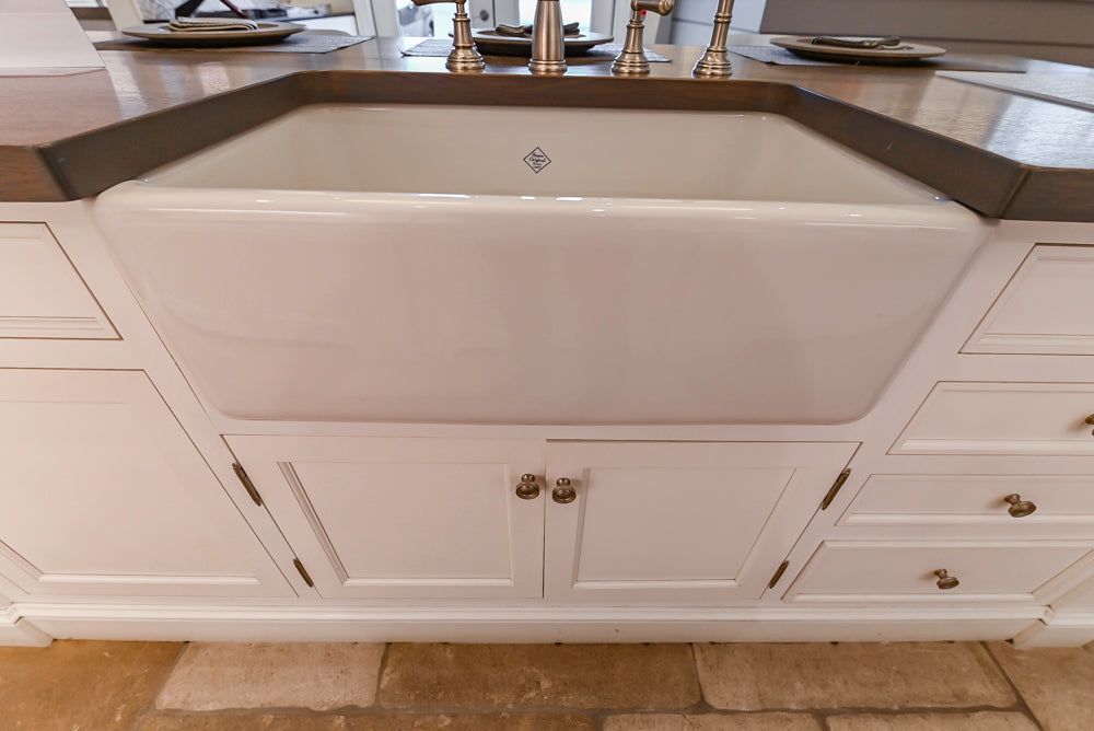 Signature Custom Cabinetry Transitional White Kitchen with Wood Veneer Top Island and Stone Countertops