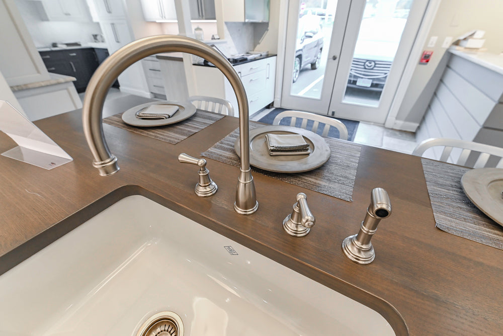 Signature Custom Cabinetry Transitional White Kitchen with Wood Veneer Top Island and Stone Countertops