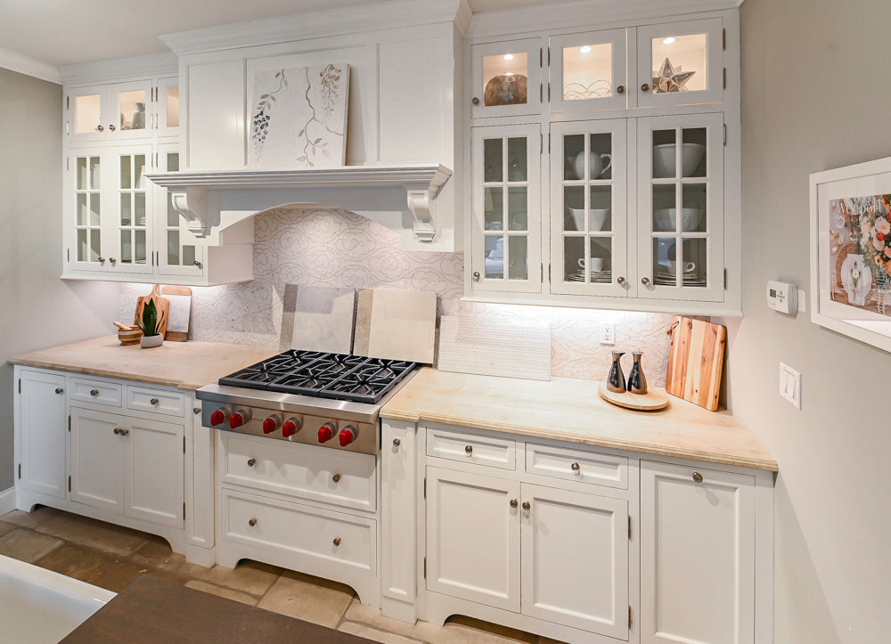 Signature Custom Cabinetry Transitional White Kitchen with Wood Veneer Top Island and Stone Countertops