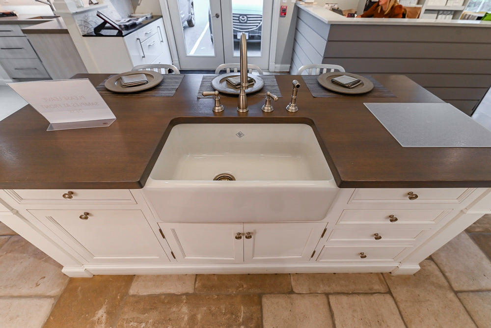 Signature Custom Cabinetry Transitional White Kitchen with Wood Veneer Top Island and Stone Countertops