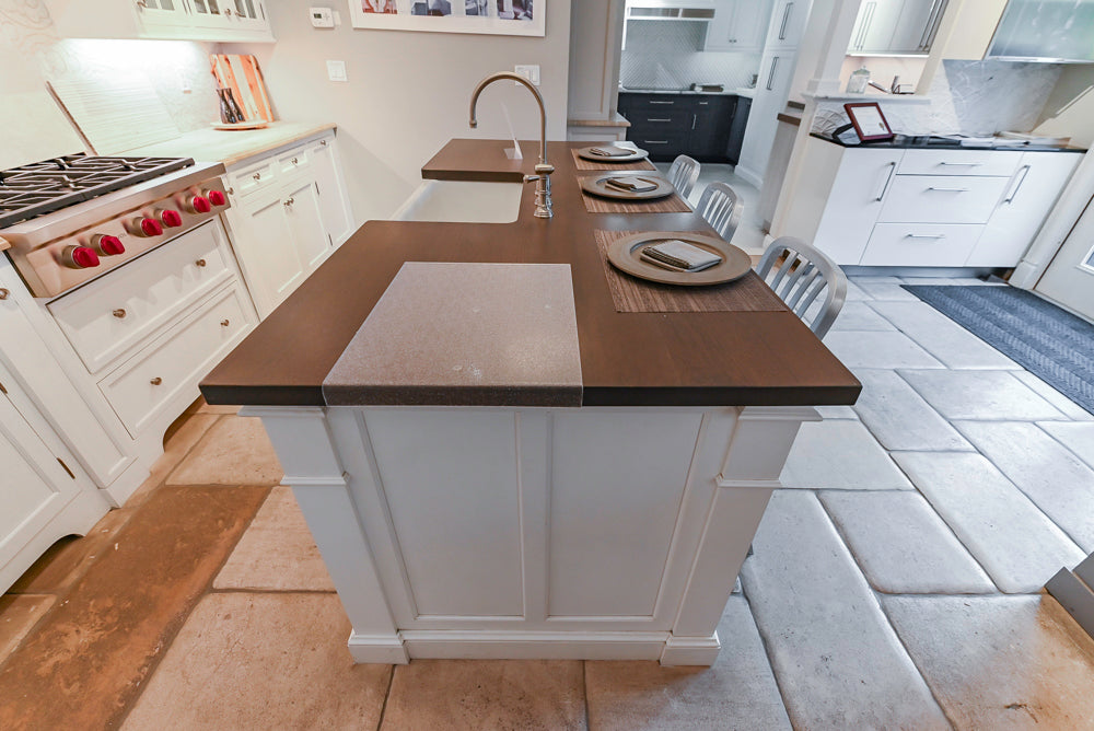 Signature Custom Cabinetry Transitional White Kitchen with Wood Veneer Top Island and Stone Countertops