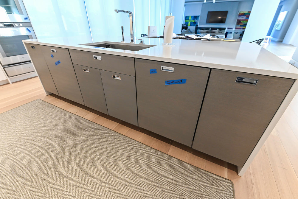 Brubaker Modern White Lacquered Kitchen with Waterfall Island and Stone Countertops