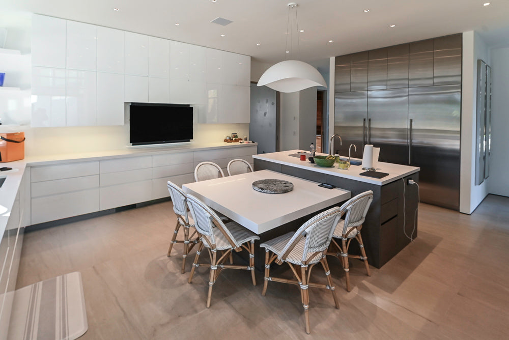 Custom Modern White Gloss Kitchen with Island, Stone Countertops and 60" Wolf Range