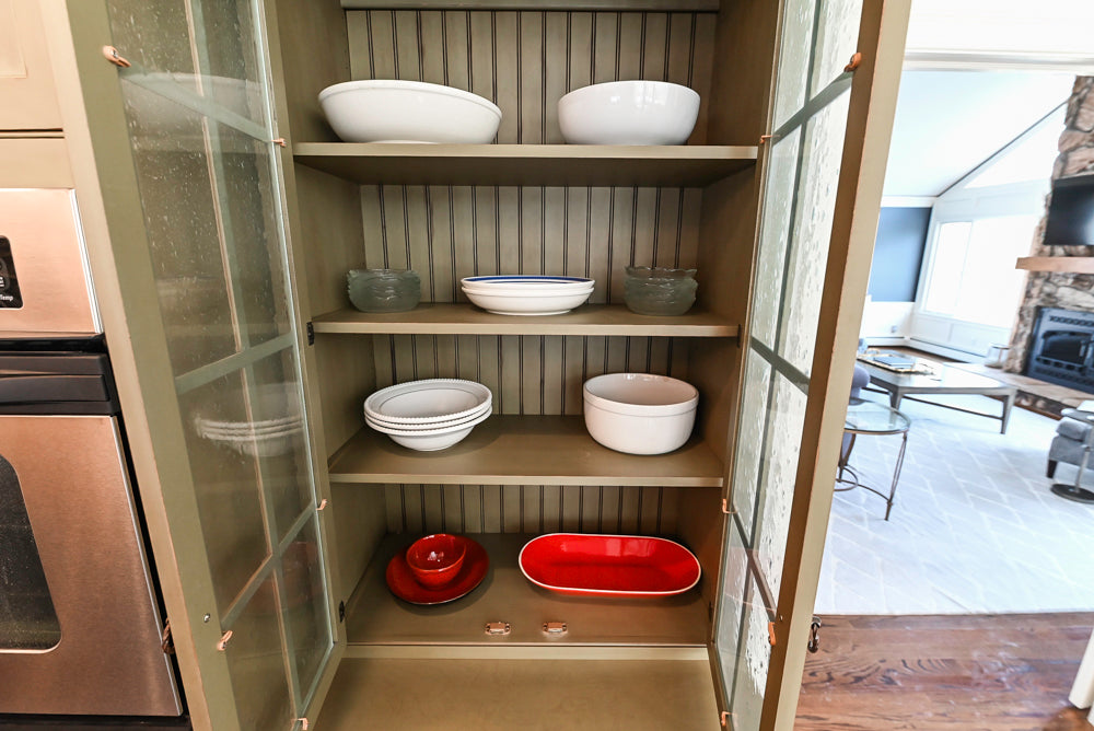 “The Harcourt” Traditional Two-Tone Distressed Kitchen with Green Island, Quartz Countertops and Appliances